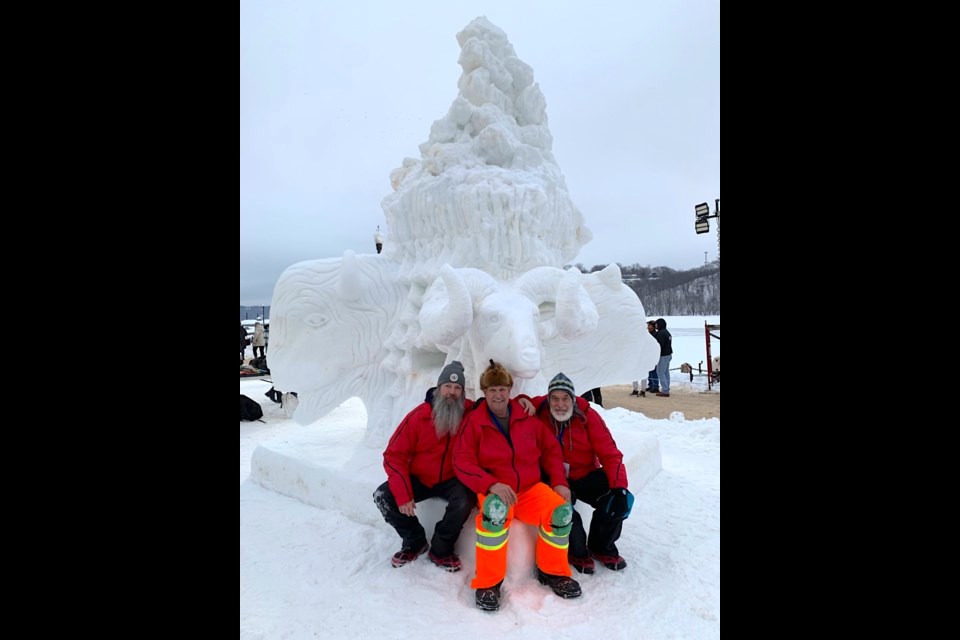 Sundre-area artist Morton Burke, centre, who is the curator of the Bergen Rocks International Sculpture Park on a rural property southwest of town, led a team joined by fellow sculptors Christian Denis, left, and Will Truchon – both from Edmonton – to compete in Minnesota at the World Snow Sculpture Championships that were held Jan. 18-22 in Stillwater.
Photo courtesy of Morton Burke