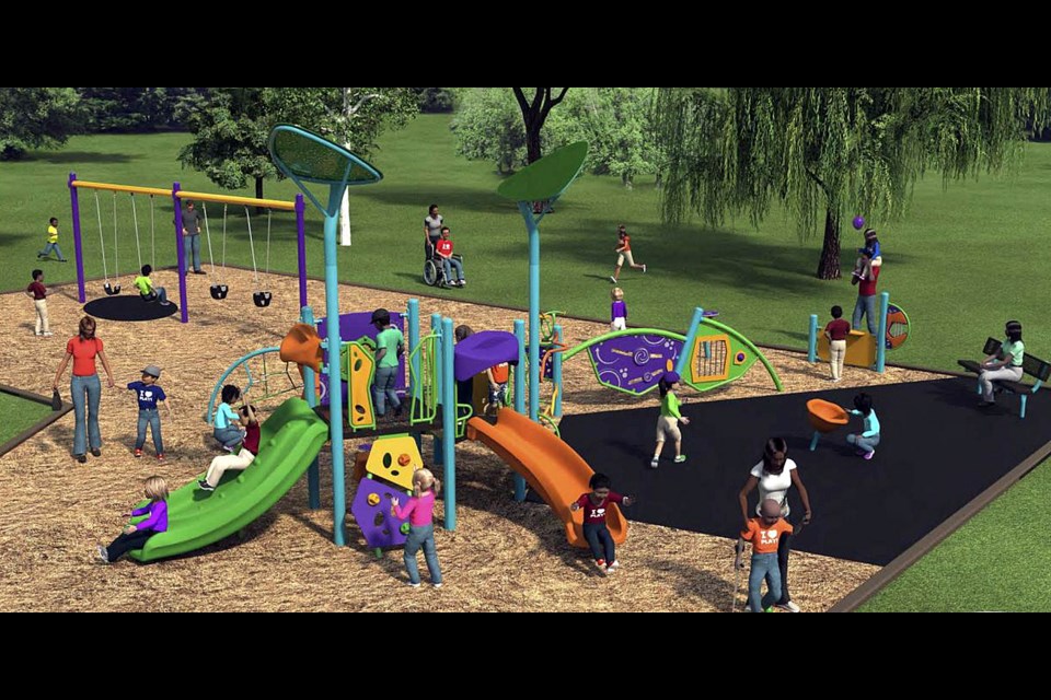 The design for the new partially accessible playground at Mac's/Kinsmen Park that will cost $89,706.78. 
Rendering courtesy of PlayQuest Recreation