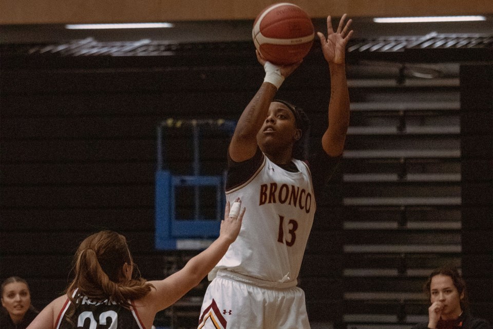 Makayla (Blu) Rose, a forward on the Olds College women's basketball team, goes for a basket. Rose has been named to the Alberta Colleges Athletic Conference South first all-conference team.
Photo by Abbey Iversen