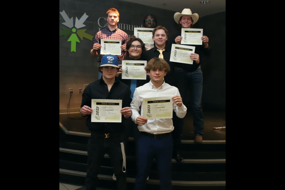 A look at the 2023 École Olds HIgh School Spartan football team award winners. From left, top row: Landon Erick, MVP; Dut Ajak, Top Lineman; Cale Graville, Dedication and Commitment award. Middle row: Owen Reimer, Rookie of the Year; Noah Worth, Defensive Player of the Year. Bottom row: Brody Rylance, Unsung Hero; Radek Heppner, Offensive Player of the Year. 