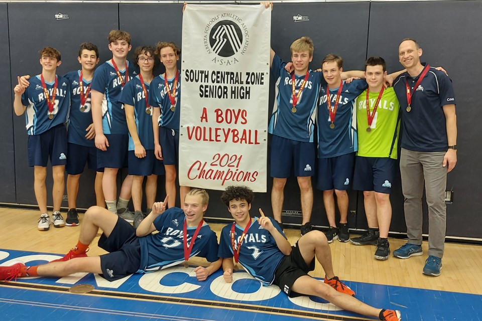 Members of the Olds Koinonia Christian School senior boys volleyball team celebrate winning the 1A South Central Zone volleyball championship.
Submitted photo