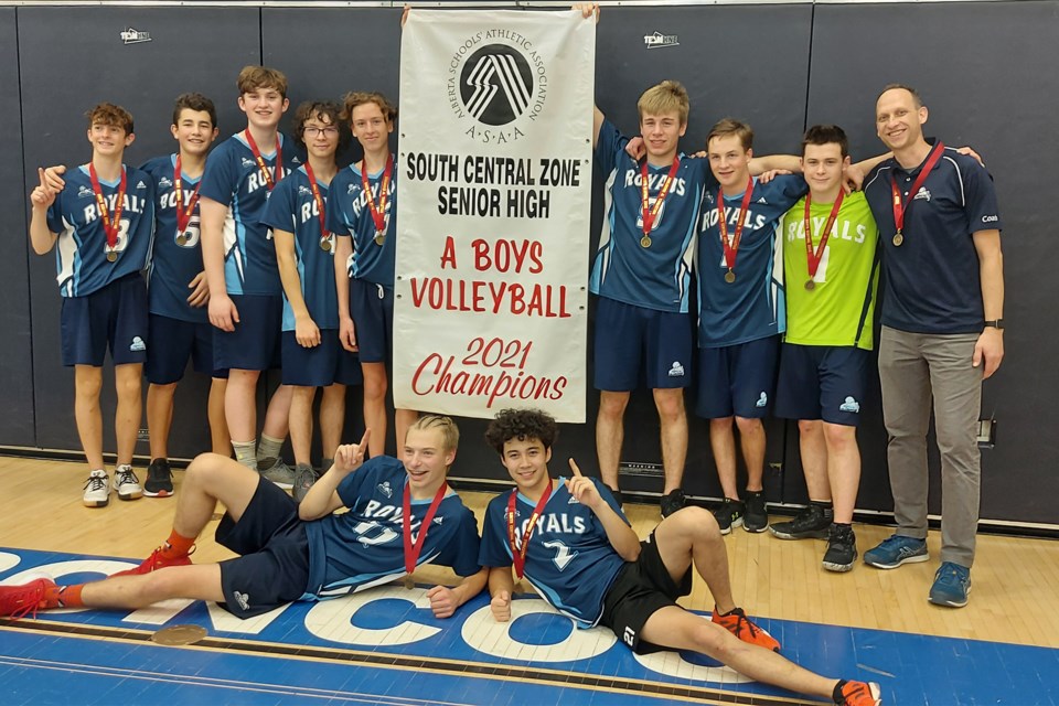 Members of the Olds Koinonia Christian School senior boys volleyball team celebrate winning the 1A South Central Zone volleyball championship.
Submitted photo