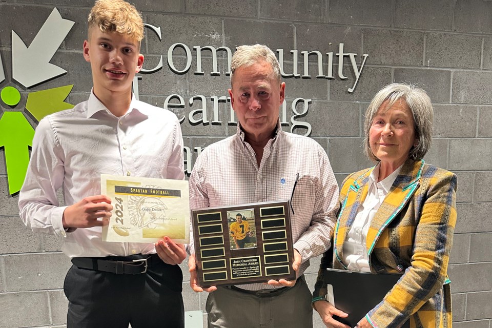 Jim and Debbie Crawford present the Josh Crawford award to Gabe Drent. The award is named in honur of their son Josh, a key former member of the Spartans who passed away.