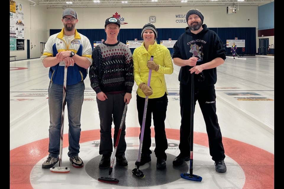 The Shantz rink won the A side of the Olds Open Bonspiel. From left are skip Justin Shantz, third Tammy Schwass, second Jason Jackson and lead Tanner Schalin.
Photo submitted