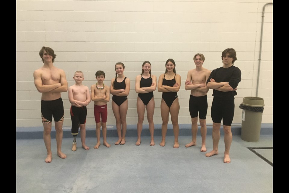 Members of the Olds Rapids Swim Club heading for provincial trials or championships are, from left: Aidan Fox, Landon Baker, Max Martin, Liviah Leger, Brooks Rosevear, Seleah Organ, Kepler Fitzner, Thomas Andrews 