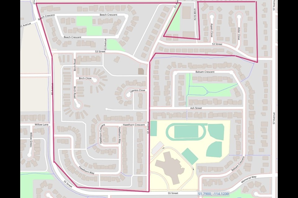 This map shows one of the segments of town where  outdoor water tap testing will be undertaken, starting Tuesday, May 27.
Graphic courtesy of the Town of Olds