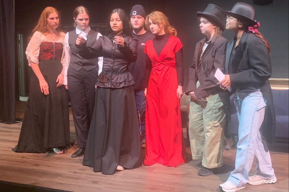 Members of the Sundre High School Drama Department’s cast for the upcoming performances of the Phantom of the Opera, from left: Christine, played by Claire Rich; Raoul, played by Emma Scales; Madame Giry, played by Hannah Samaniego; Piangi, played by Houston Bothe; Carlotta, played by Violette Saunders; Firmin, played by Anna Steiner; and Andre, played by Danielle Almonte. Simon Ducatel/MVP Staff