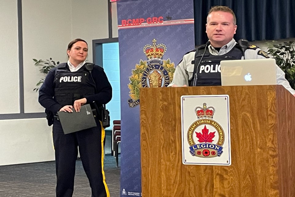 RCMP Supt. Pam Robinson, representing K Division's Central Alberta District, left, and Innisfail RCMP Sgt. Ian Ihme, during a question-and-answer segment at the community engagement forum on local policing on Nov. 15 at the Royal Canadian Legion Branch #104 in Innisfail. 
Johnnie Bachusky/MVP Staff