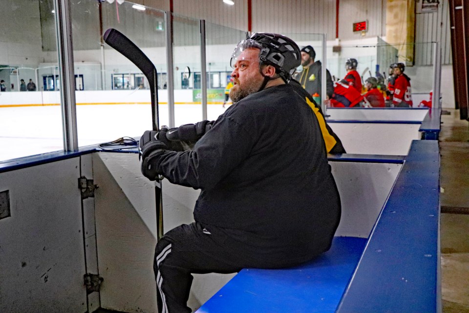 Dean Turnquist, lead organizer of the Innisfail Family Day Pond Hockey Tournament, is ready for action on  Feb. 19 for the fourth annual event, a fundraiser for the Helping Hand Fund. Johnnie Bachusky/MVP Staff