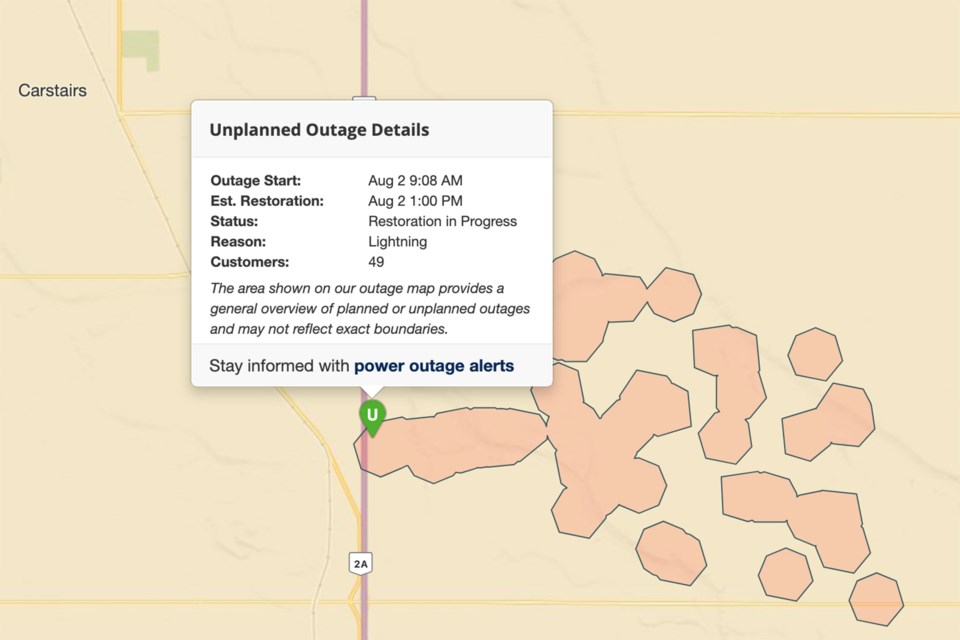 A portion of FortisAlberta's outage map on the morning of Saturday, Aug. 2 showing an unplanned power outage in Mountain View County in red.
