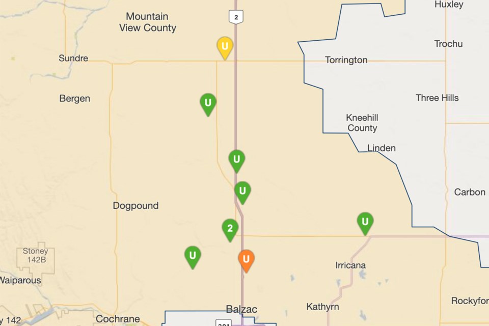 A portion of FortisAlberta's outage map around 10 a.m. on the morning of Saturday, Feb. 1.