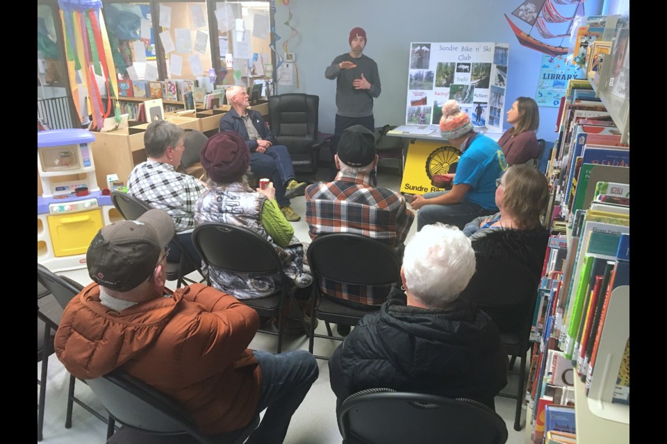 About 10 residents who live adjacent to the site of a proposed pump track project on the south side of the Bearberry Creek pedestrian bridge on Town of Sundre-owned land attended on March 8 an open house that was hosted by members of the Sundre Bike n' Ski Club at the Sundre Municipal Library.
Simon Ducatel/MVP Staff