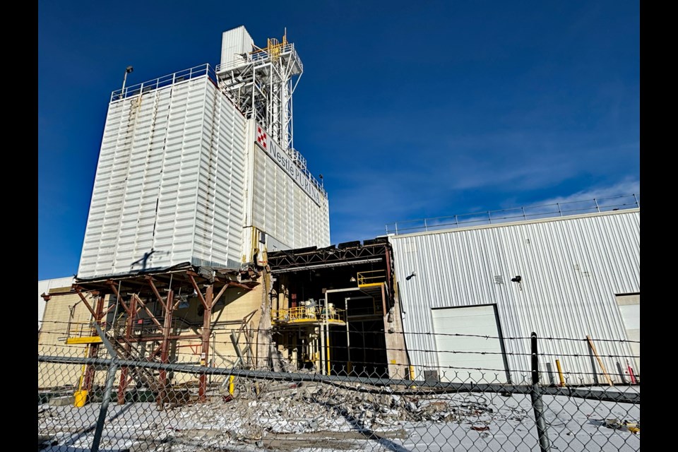 Demolition of the mill tower at Innisfail's Nestlé Purina PetCare plant has begun and will be completed by Feb. 15. Johnnie Bachusky/MVP Staff