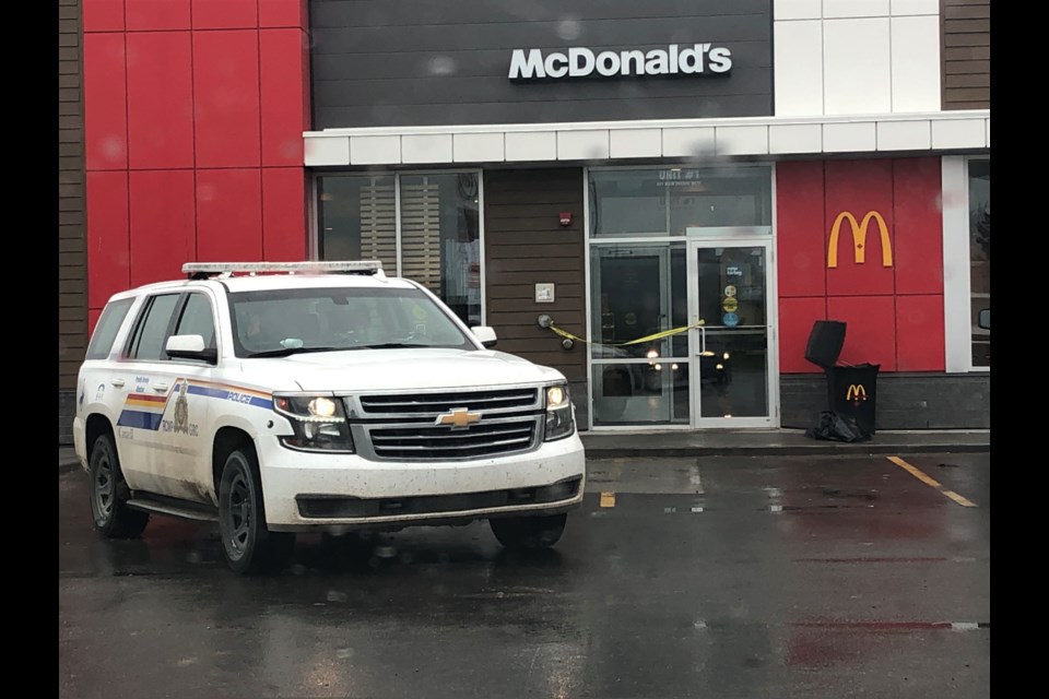 An RCMP cruiser was parked on the morning of Monday, July 4 in front of the Sundre McDonald's where the main entrance was closed off with police tape. 
File photo/MVP Staff