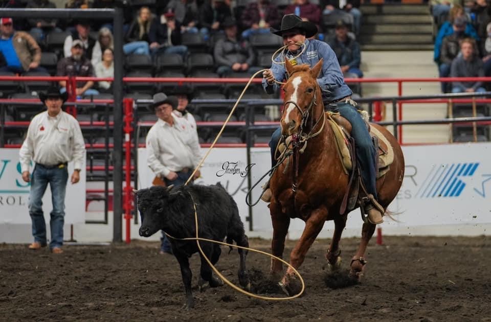 Riley Warren, a relative newcomer to the Sundre-area who originally hails from Stettler, became a national champion in tie-down roping earlier this month at the Canadian Finals Rodeo in Red Deer. 
Photo courtesy of Gralyn Photography