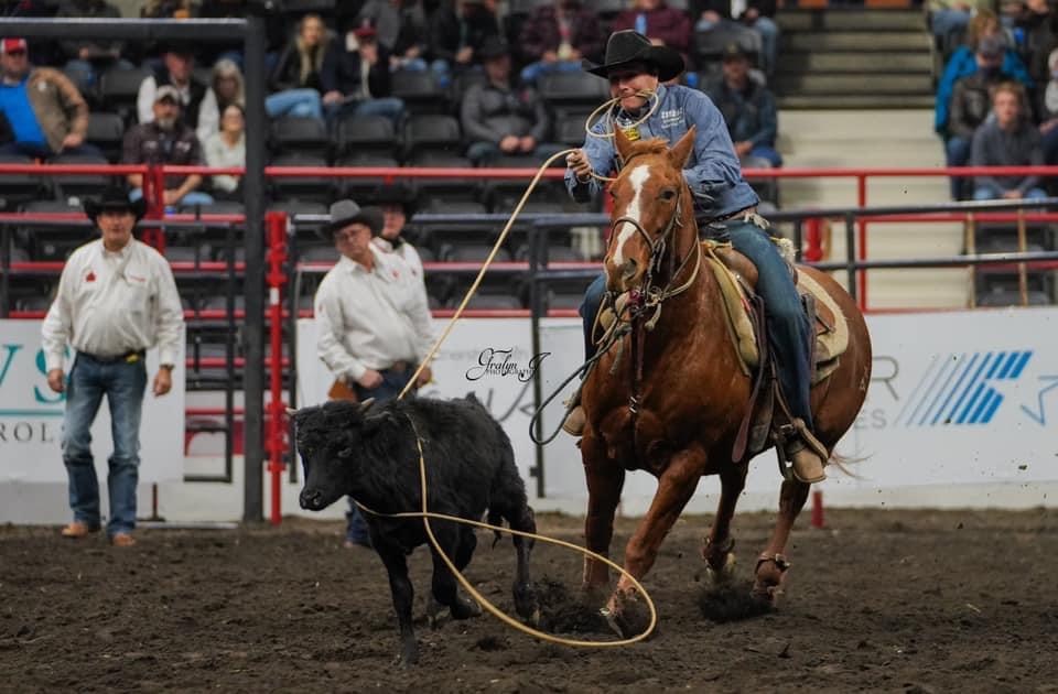 Riley Warren, a relative newcomer to the Sundre-area who originally hails from Stettler, became a national champion in tie-down roping earlier this month at the Canadian Finals Rodeo in Red Deer. 
Photo courtesy of Gralyn Photography