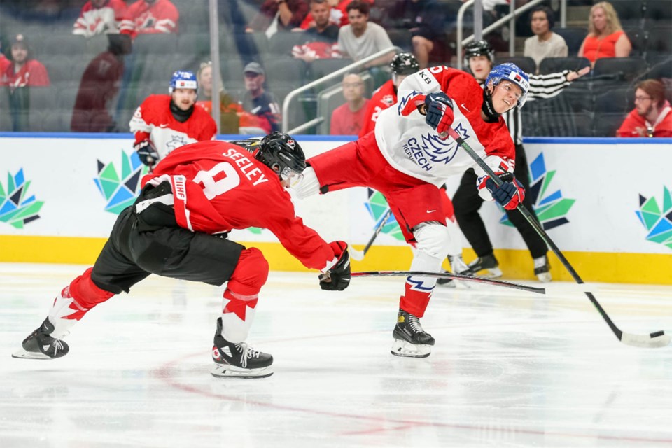 Ronan Seeley, pictured here in a game against Czechia, notched four assists for Team
Canada during the second reiteration of the 2022 event.
Photo courtesy of IIHF