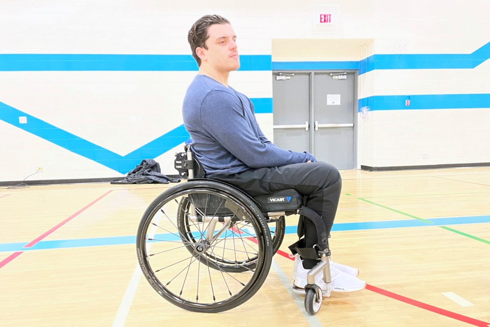 Former Humboldt Broncos junior hockey player Ryan Straschnitzki shortly after arriving to the gymnasium at the Innisfail Schools Campus to give two presentations on Dec. 1; one to students from grades 7 to 12 and the second to students from grades 1 to 6. Johnnie Bachusky/MVP Staff