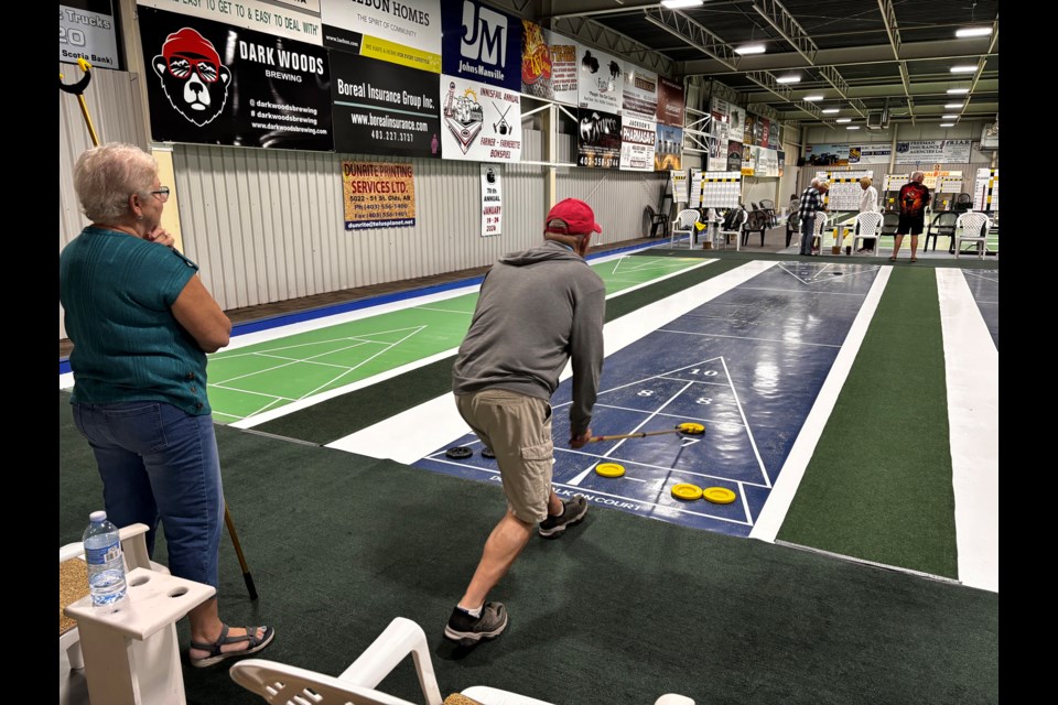 Championship round play at the 2025 Art Scott Floor Shuffleboard Singles Tournament at the Innisfail Curling Club from June 9 to 13. The tournament, which had 104 players from across North America, had 16 winners from four divisions. Johnnie Bachusky/MVP Staff