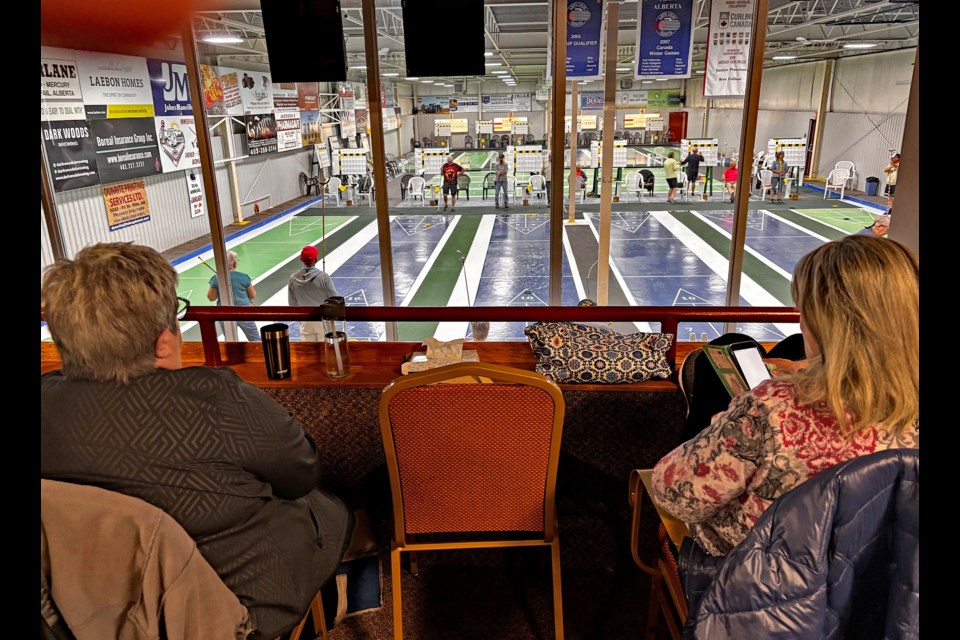 Enthusiastic floor shuffleboard fans take in all the action at the Innisfail Curling Club on June 12 for the finals of the 2025 Art Scott Floor Shuffleboard Singles Tournament. Johnnie Bachusky/MVP Staff