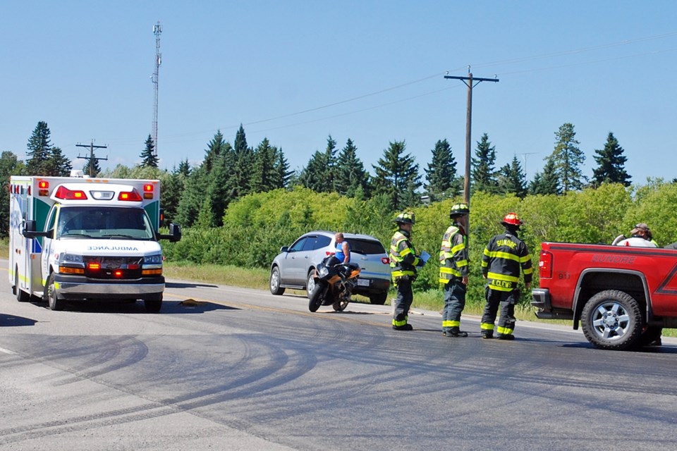 The Sundre Fire Department, along with a ground ambulance crew, were quick to respond to a report that a motorcyclist had lost control and skidded out while turning westbound onto Highway 27 from Rge. Rd. 51.
Simon Ducatel/MVP Staff