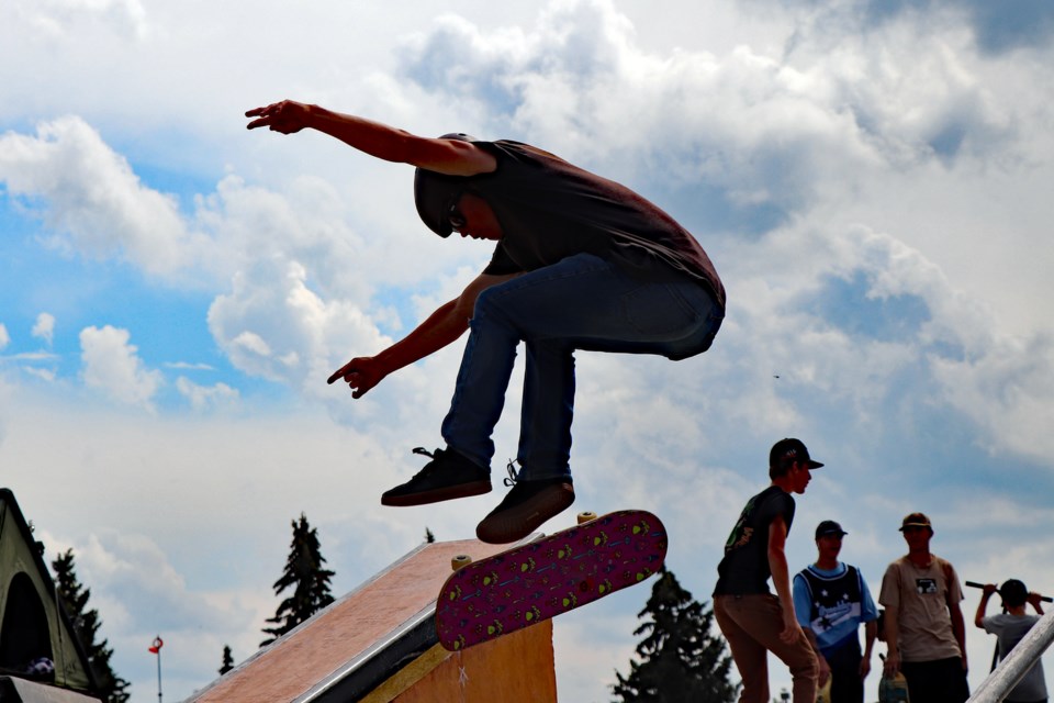 Jayce Downs, the Town of Innisfail's skatepark ambassador for the summer, has a big air jump before competing at the Innisfail Skatepark Trick Competition on July 30th. Johnnie Bachusky/MVP Staff