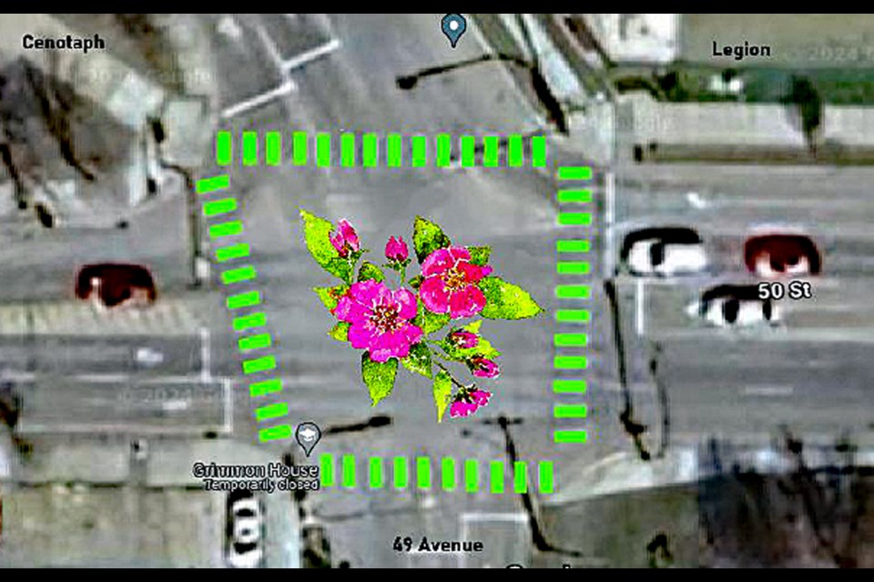 Innisfail artist Karen Scarlett's first proposal for pedestrian safety; a painted wild rose in the centre of the intersection of 50 Street and 49 Avenue. Graphic by Karen Scarlett