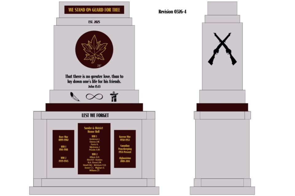 The design of the new granite monument was inspired by a preliminary drawing by Callie Klettl-Davis, an artist local to Sundre. Instead of mounting new plaques, all of the wording will now be engraved directly into a red granite background with golden-highlighted lettering. Submitted