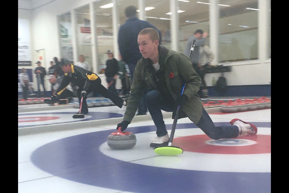 LEARNING TO CURL – Lead Dane Roberts, who is curling in his first-ever season, refines his form on Thursday, Nov. 9 as he figures out his balance during opening night of the Sundre Curling Club’s open mixed league.
Simon Ducatel/MVP Staff