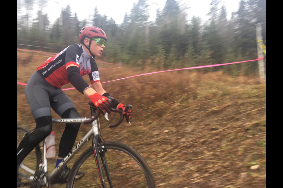 Red Deer resident Eli Barker, one of 73 racers in the third annual Snakes and Ladders Cyclocross, rides down a new section of the course that ran through Snake Hill’s tobogganing half pipe on Saturday, Oct. 21. 
Simon Ducatel/MVP Staff