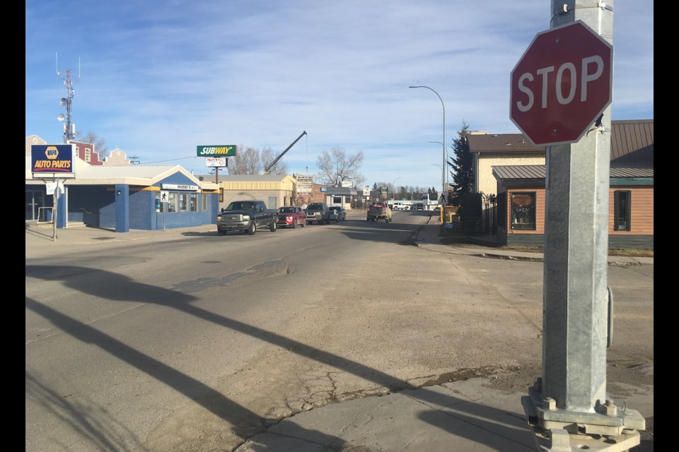 Although not clearly labelled as such, four-way stops have been installed in Sundre at the intersections of 2nd, 3rd and 4th streets with the Highway 27-Main Avenue high-load corridor on a temporary basis until Alberta Transportation can begin construction on permanent concrete mini-roundabouts next year.
Simon Ducatel/MVP Staff