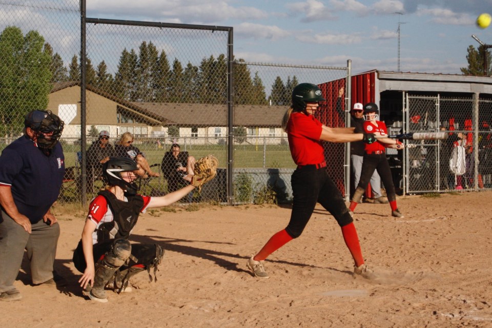 Sundre U15-1 Stealers Brooklyn Butts connects with the ball to secure a spot on first base on Friday, June 6 during a game on home turf against Rocky Mountain House.
Simon Ducatel/MVP Staff