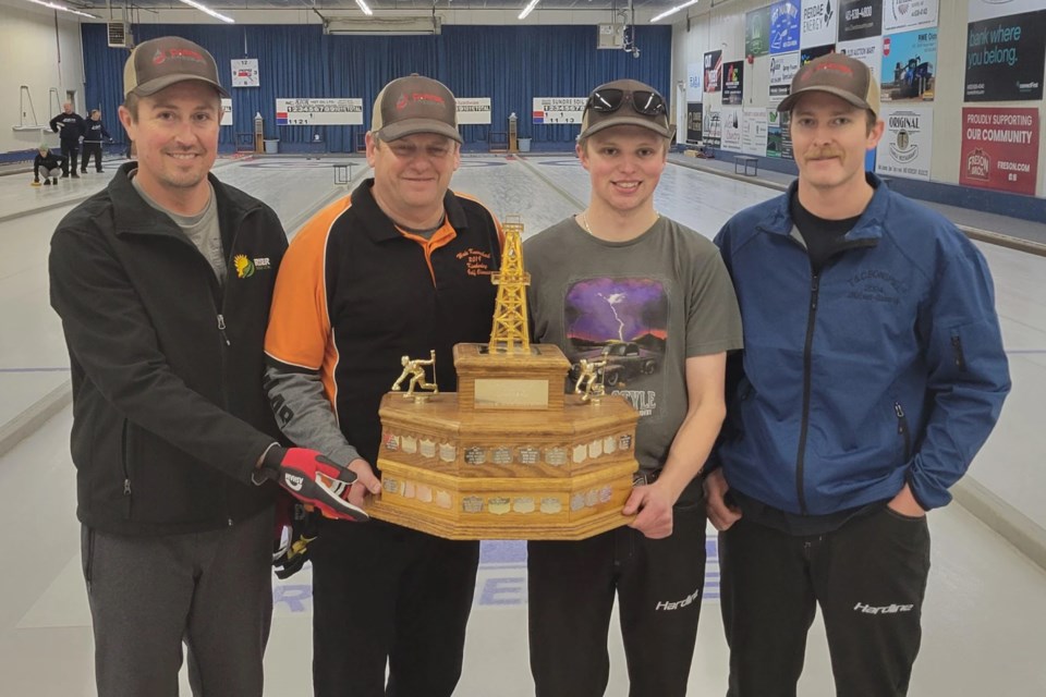The A event winners of the 35th edition of the Sundre Oilmen's Bonspiel were: Travis Phillips, Don Brian, Colby Brian and Coltan Mitchell.
Photo courtesy of Sundre Curling Club