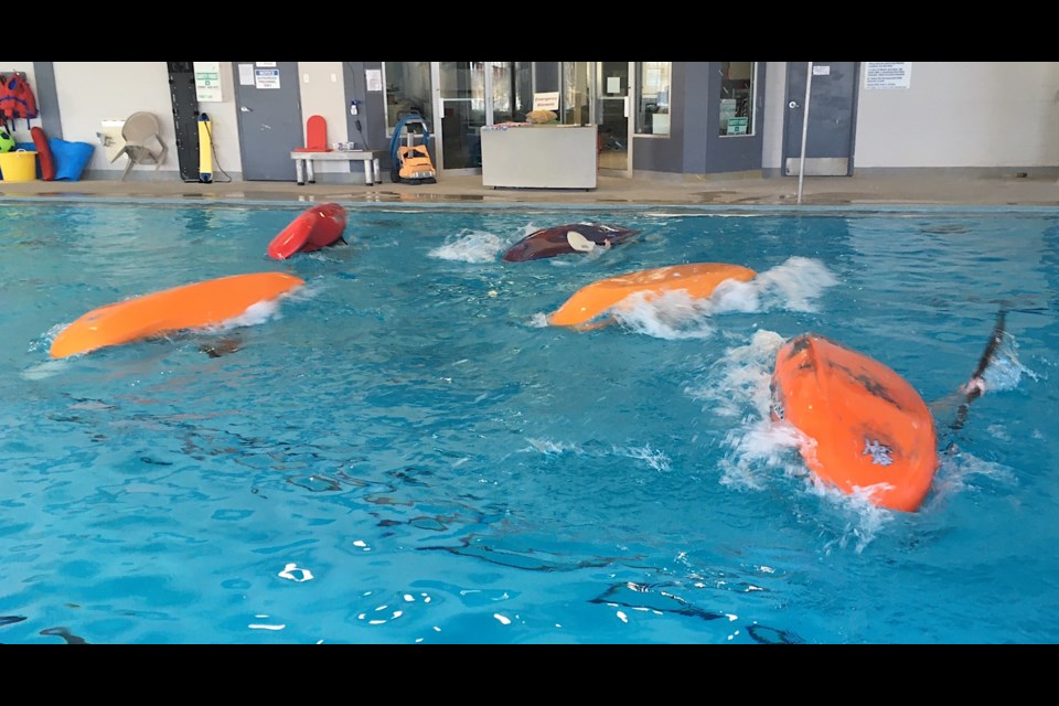 Practising rolls in the relative safety of a controlled environment offered by the indoor pool builds up the muscle memory and confidence that will help ensure a kayaker reacts instinctively in the event their boat were to flip over on a river. 
Simon Ducatel/MVP Staff