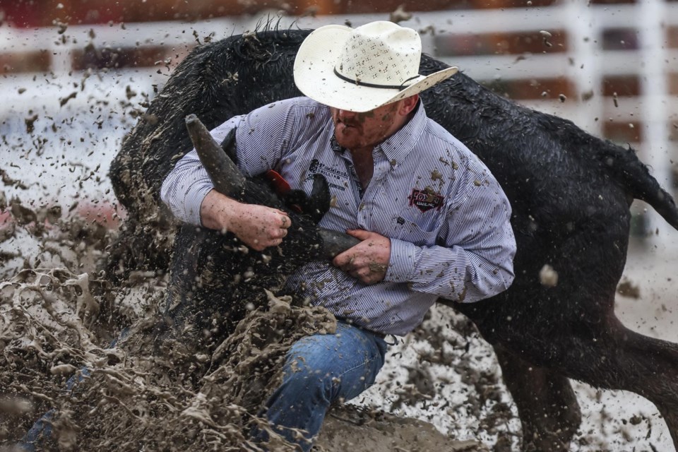 The Sundre rodeo grounds’ arena became mired down in mud on Friday following steady rainfall that lasted well into Saturday, but organizers of the 45th edition of the four-day long Sundre Pro Rodeo determined alongside all of the parties involved that it was safe to proceed and the show went ahead. 
Photo courtesy of Covy Moore