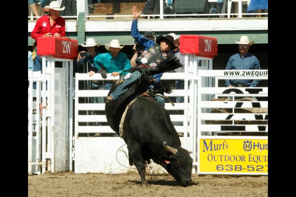 Marcos Gloria, from Leduc, scored 85.5 on the Saturday afternoon bull riding event performances of the 42nd Sundre Pro Rodeo. 
Photo courtesy of Image by Maila