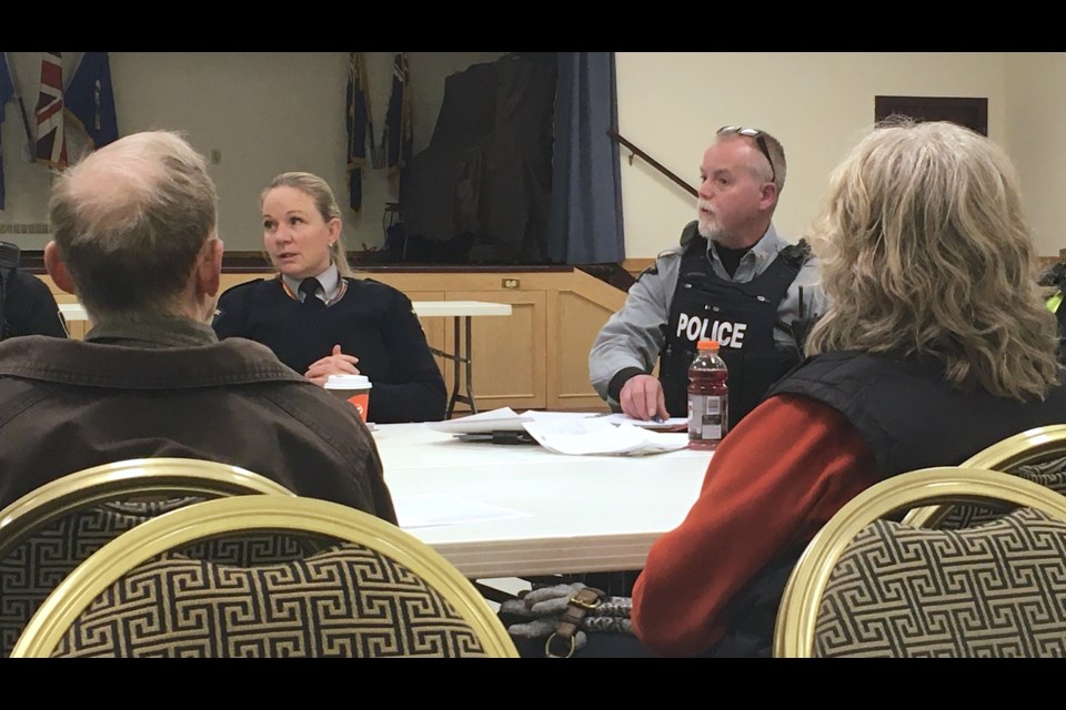 District Staff Sgt. Laura Akitt and Sundre RCMP department acting commander Const. Locky Matheson attended on Thursday, March 21 a town hall at the Royal Canadian Legion Sundre Branch No. 223 seeking public input on policing priorities.  
Simon Ducatel/MVP Staff