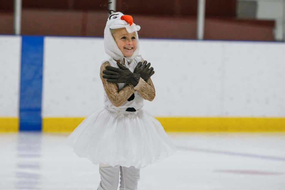 SKILLS SHOWCASE DAY — Jillian Dumas, 10, beamed with unbridled enthusiasm on Sunday afternoon at the Sundre Arena where she performed as Olaf from Disney’s Frozen during the Sundre Skating Club’s season wind-up skills showcase day, which was attended by about 70 people who came out to watch. “My heart is so full,” said head instructor Lyndsay Stange. “All of the skaters skated and represented their talent so well. I am so proud of them all — you know they are having fun when they all come off of the ice with a huge smile!” 
Photo courtesy of Image by Maila