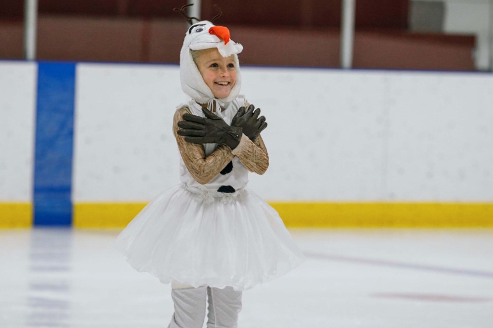 SKILLS SHOWCASE DAY — Jillian Dumas, 10, beamed with unbridled enthusiasm on Sunday afternoon at the Sundre Arena where she performed as Olaf from Disney’s Frozen during the Sundre Skating Club’s season wind-up skills showcase day, which was attended by about 70 people who came out to watch. “My heart is so full,” said head instructor Lyndsay Stange. “All of the skaters skated and represented their talent so well. I am so proud of them all — you know they are having fun when they all come off of the ice with a huge smile!” 
Photo courtesy of Image by Maila