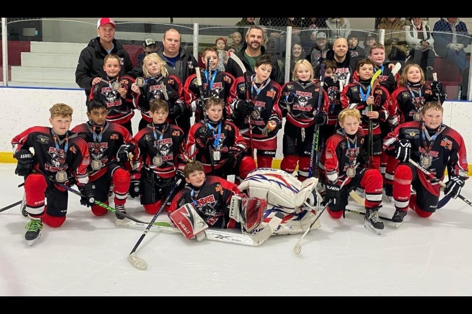 The Sundre U11 Huskies hosted seven teams at the local arena on Jan. 5-7 during the squad’s annual home tournament fundraiser. They faced off against the Lethbridge Lightning in the gold medal match and ended up in second place with a final score of 8-5. 
Sundre Minor Hockey Association Facebook
