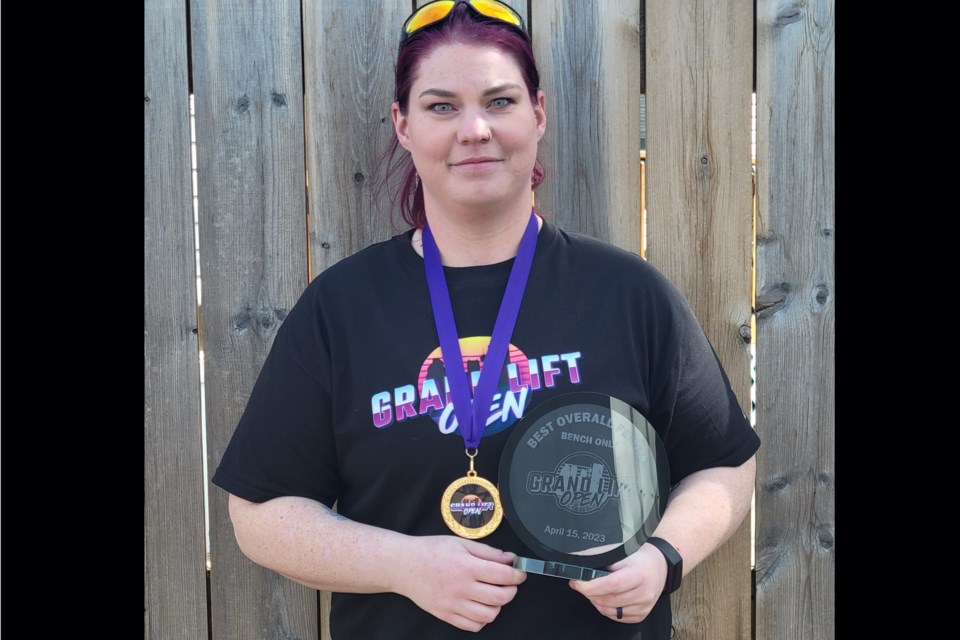 Sundre resident Tamra Dickau, who recently launched a fledgling career in powerlifting, brought home a gold medal in bench pressing from a competition in Calgary this past April. She hopes to head to Brandon, Man. for regionals in August after a provincial competition on June 11 in Calgary.
Submitted photo