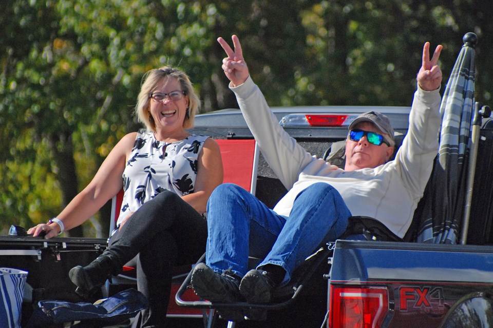 Good friends Christine Webster and Martin Kemp, from Calgary, were among those who enthusiastically attended A Taste of Shady Grove bluegrass music festival on Saturday, Sept. 26 at the Sundre Rodeo Grounds. Simon Ducatel/MVP Staff