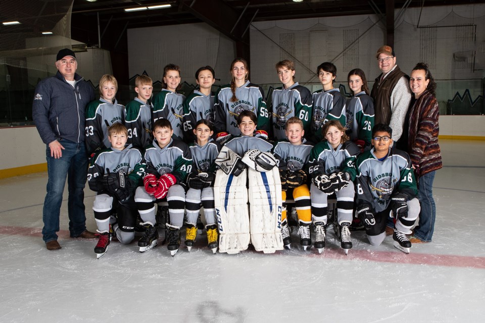 Team 6 - Back row left to right: Coach Karman Longmuir, Kye Gemmell, Zack Harris, Dylan Oldale, Zac Ng, Elle Flaig, Lane Longmuir, Zach Flaig, Hailey Oldale, coach Dave Oldale,  and manager Tracey Oldale. Front row left to right: Mason Wourms, Josiah Klimek, Mara Flaig, Brady Glauser, Axyl Mackenzie, Callum Cameron, Darsh Patel.
