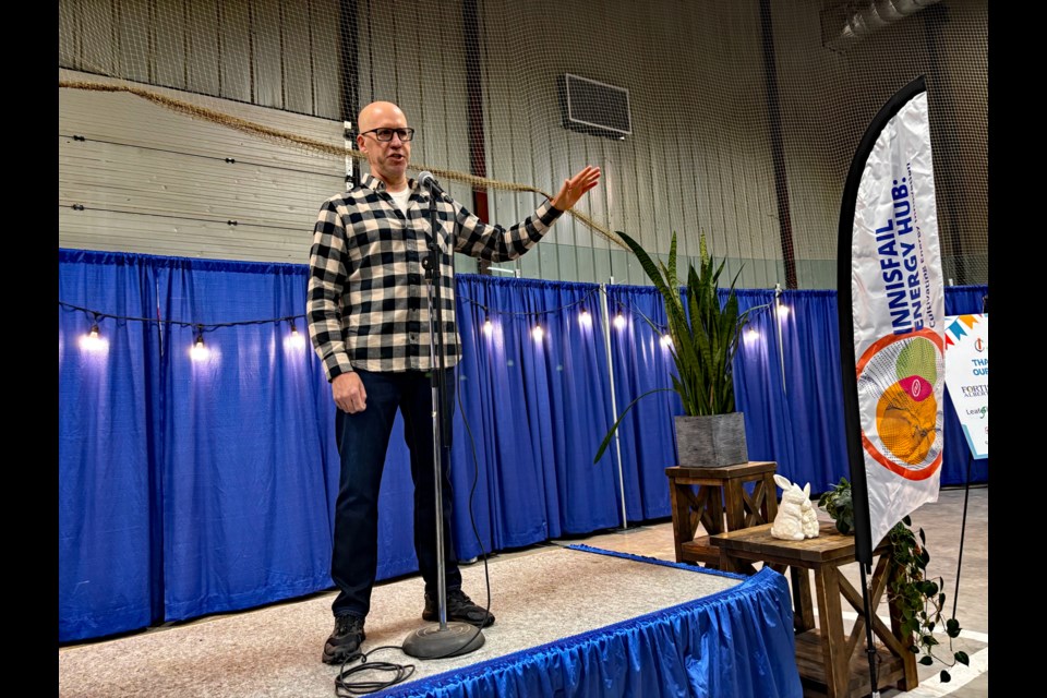 Todd Becker, chief administrative officer for the Town of Innisfail, gives an opening address at the start of the Power-up your Future speaker presentation brought by the Innisfail Energy Hub at the annual Spring Trade Show on April 6. The two-day event at the Innisfail Twin Arena was hosted by the Innisfail & District Chamber of Commerce. Johnnie Bachusky/MVP Staff