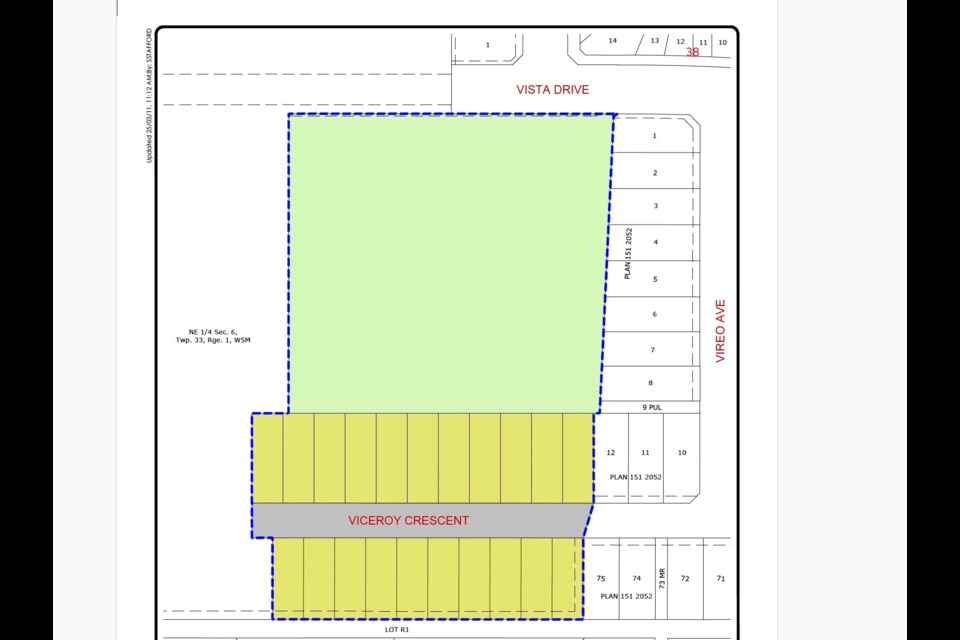 It's proposed that this portion of the Vistas Area Structure Plan be rezoned from urban reserve to R1 low density housing.
Screenshot