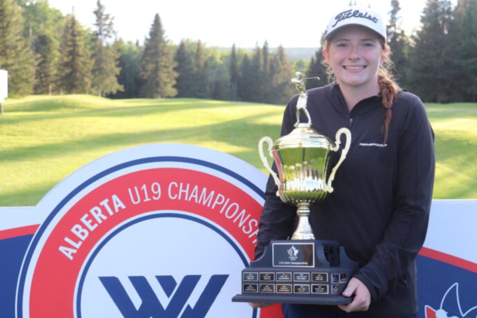 Saylar May, with the Pine Hills Golf Club, continued her ongoing winning streak following her previous U15 and U17 victories after setting a course record of 6-under 66 to add the U19 title to her trophy case during the 2025 Alberta Golf championships hosted at the Water Valley Golf Club. Photo courtesy of Alberta Golf