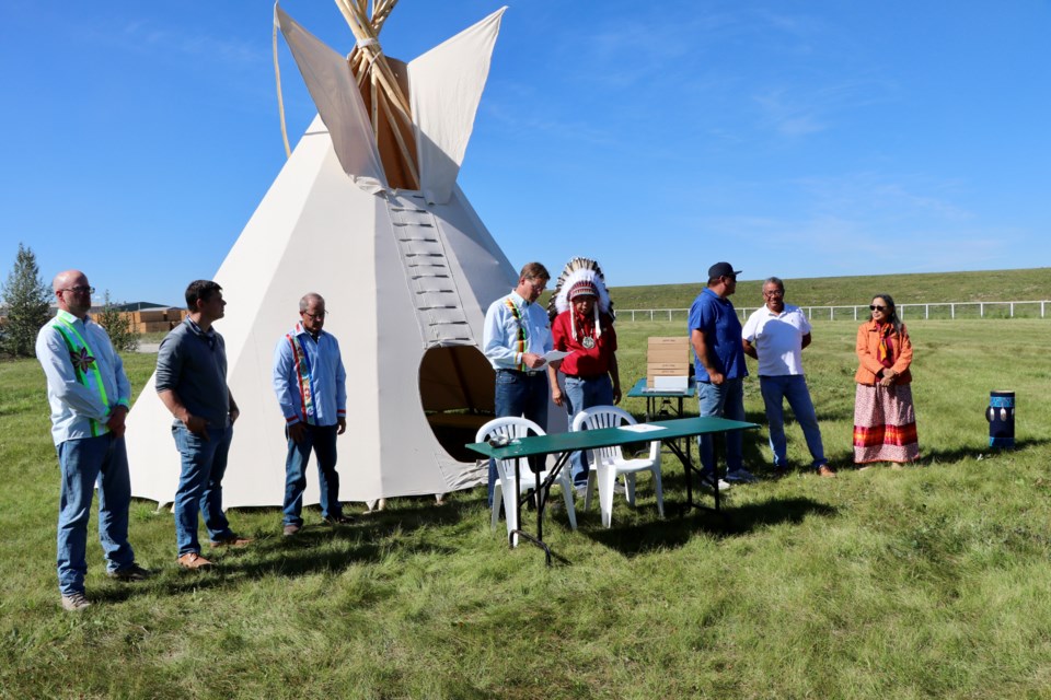 From left: Bob Jackle, general manager for West Fraser LVL; Adam Schneidmiller, Alberta Indigenous Relations superintendent; Tom Daniels, Sundre Forest Products woods manager; Jason Foote, Sundre Forest Products general manager; Montana First Nation Chief Leonard Standing on the Road and councillors Chase McDougall, Brad Rabbit and Carol Rabbit. A good relations agreement hailed as historic that was signed on Aug. 21 is intended to forge mutually beneficial ties between West Fraser Mills and Montana First Nation while opening the door to closer cooperation. 
Submitted photo
