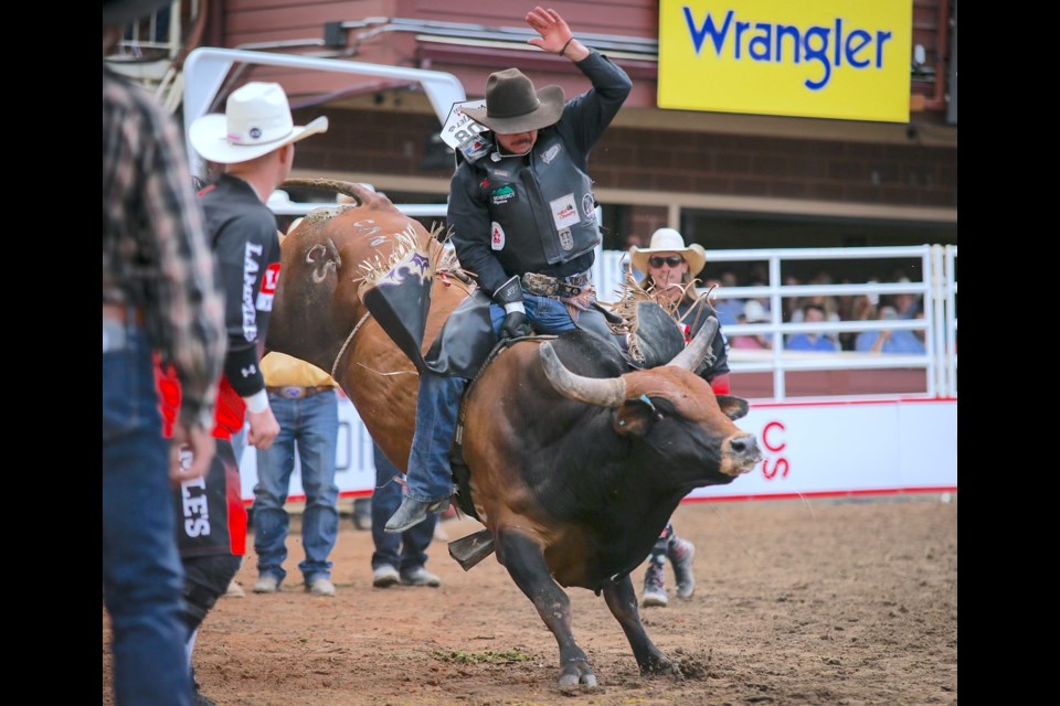 Sundre’s own Wyatt Gleeson scored a 76.5-point run on Holy Hand Grenade in the bull riding event at the Calgary Stampede during the first round of pool B. Gleeson found himself getting bucked off in a subsequent round leading up to the Sunday showdown and in the end did not compete in the finals, but nevertheless continues a busy rodeo season that over the coming days will take him through stops in B.C., Alberta, Saskatchewan and Manitoba. 
Photo courtesy of Covy Moore