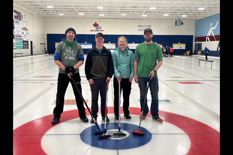 Team Shantz won the A side of the Olds Open Bonspiel, held March 10-12 at the Olds Curling Club. Pictured here are Jason Jackson, Justin Shantz, Tammy Schwass and Tanner Schalin. 
