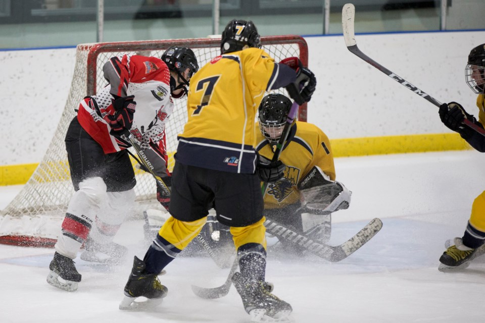 Sundre bantam Huskies player Zak Weir puts the pressure on at the Duchess Storm's net on Jan. 11 at the Sundre Arena during a home tournament hosted by the local squad.
Noel West/MVP Staff
